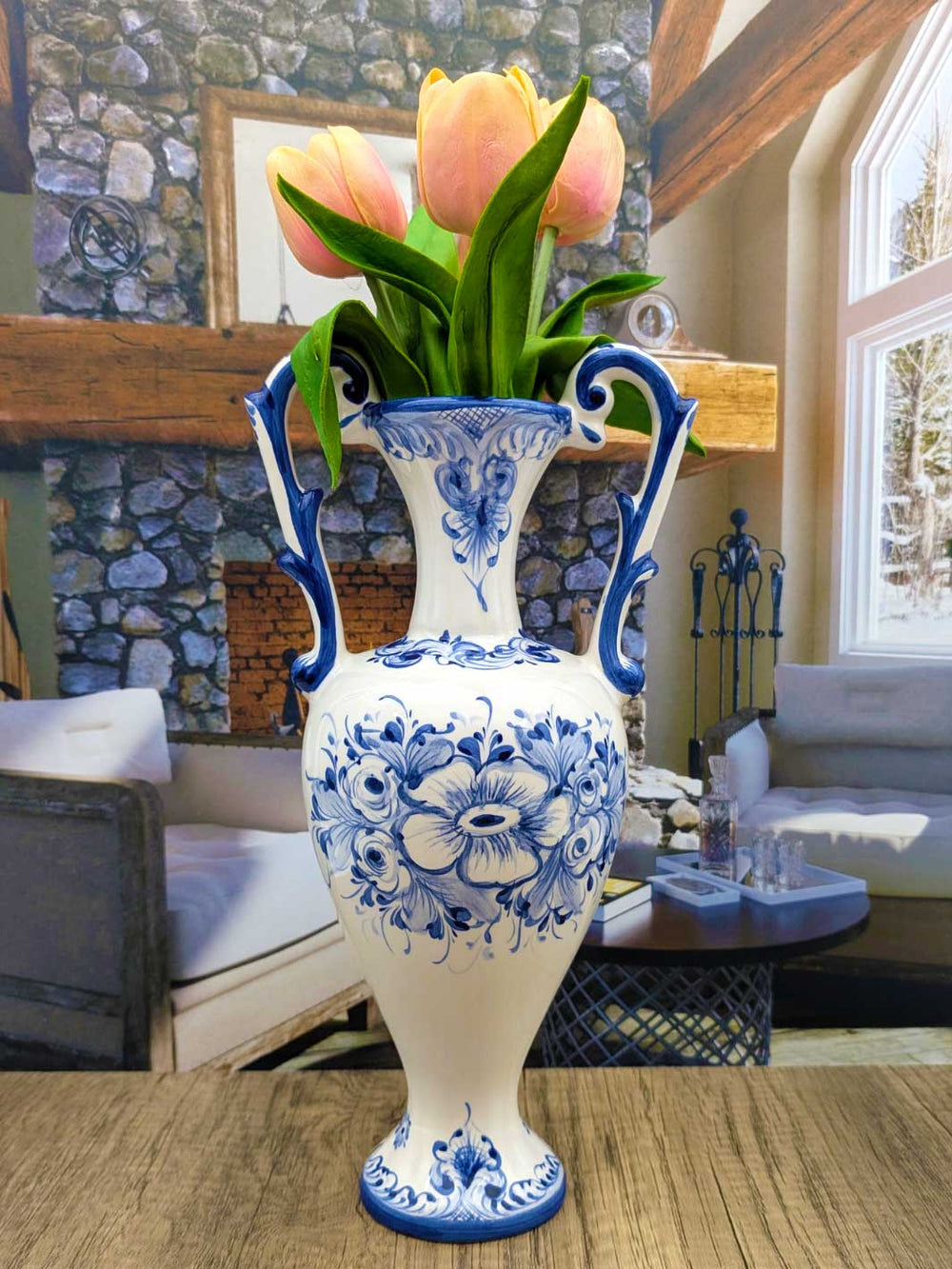 Hand Painted Portuguese Pottery Ceramic Flower Vase with Handles - Blue and White