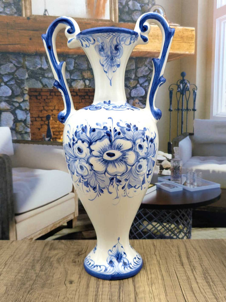 Hand Painted Portuguese Pottery Ceramic Flower Vase with Handles - Blue and White