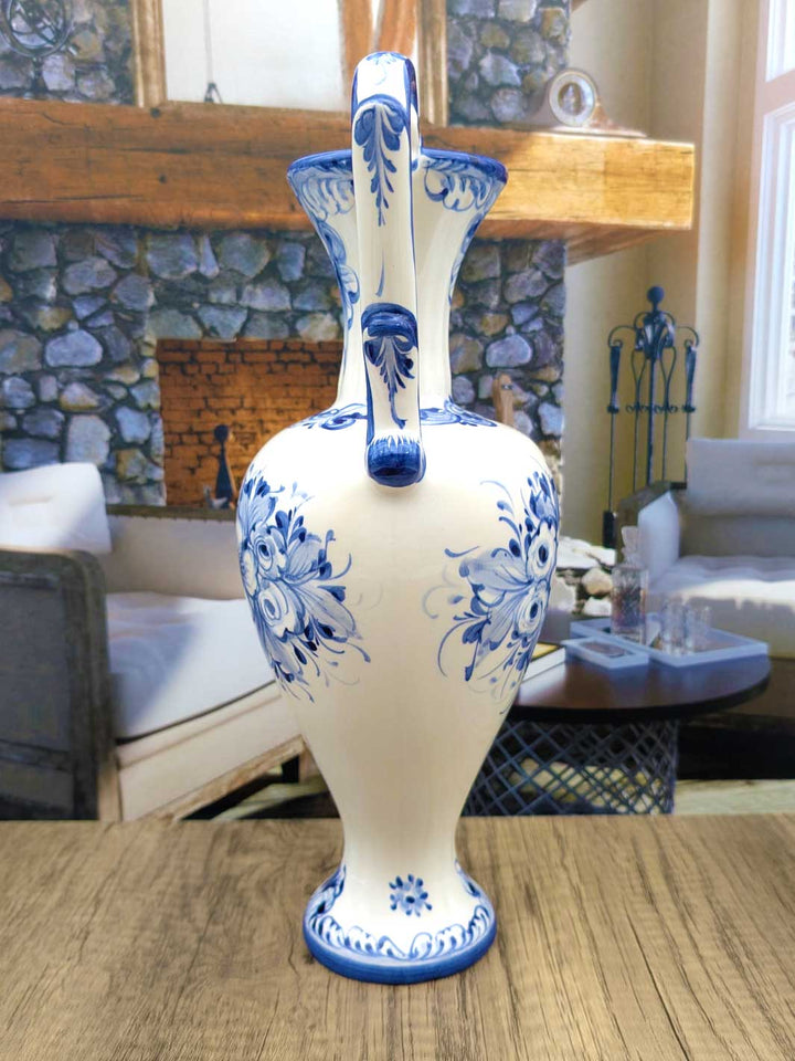 Hand Painted Portuguese Pottery Ceramic Flower Vase with Handles - Blue and White