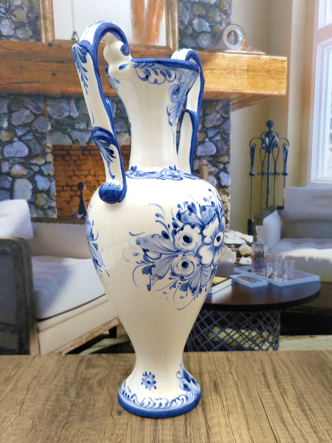 Hand Painted Portuguese Pottery Ceramic Flower Vase with Handles - Blue and White