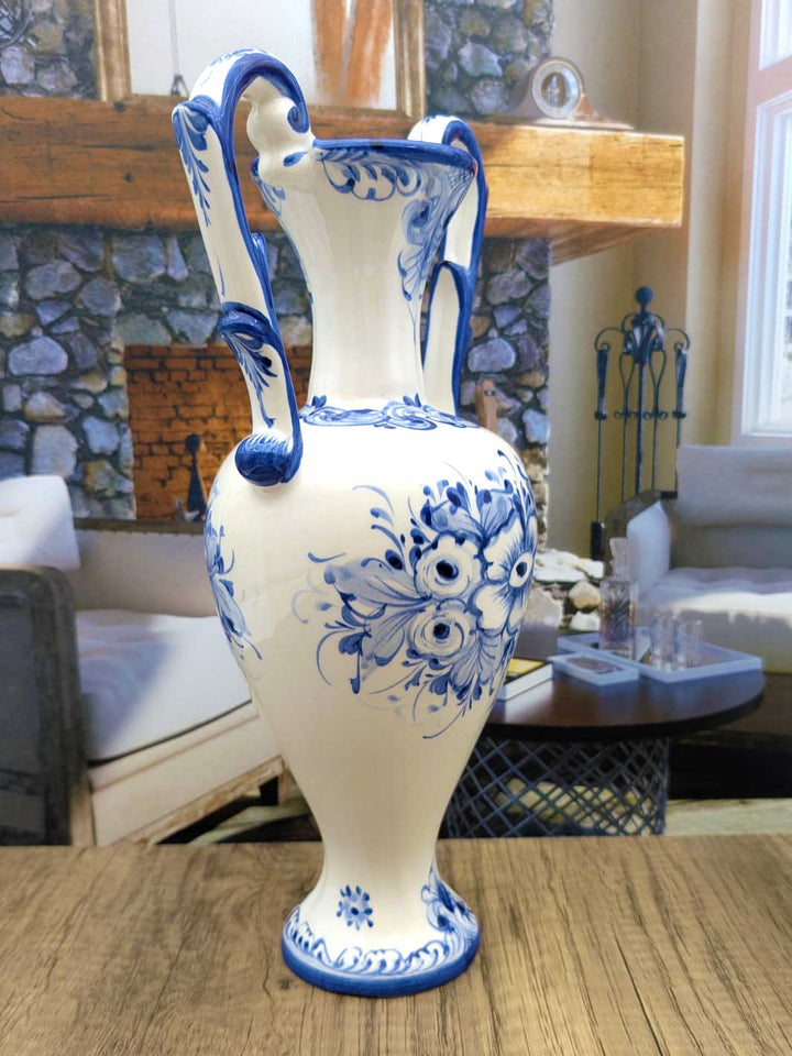 Hand Painted Portuguese Pottery Ceramic Flower Vase with Handles - Blue and White