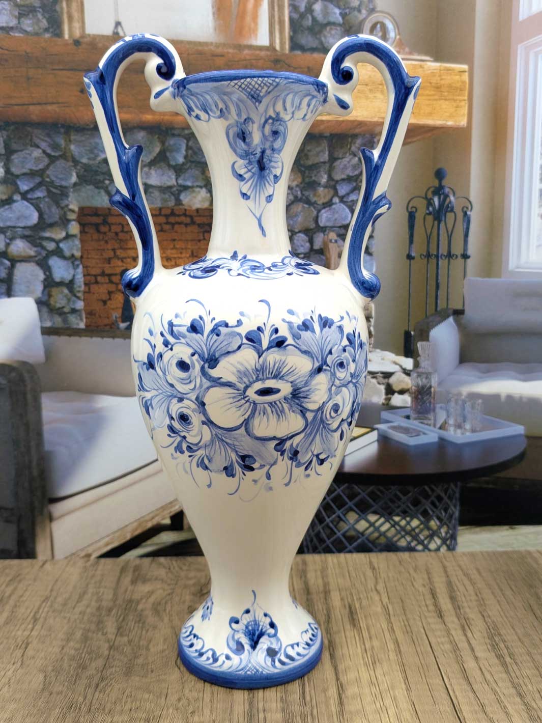 Hand Painted Portuguese Pottery Ceramic Flower Vase with Handles - Blue and White