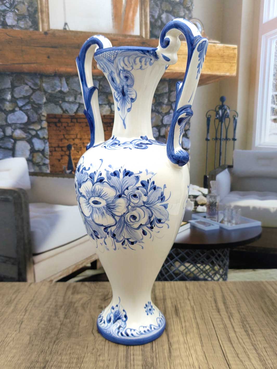 Hand Painted Portuguese Pottery Ceramic Flower Vase with Handles - Blue and White
