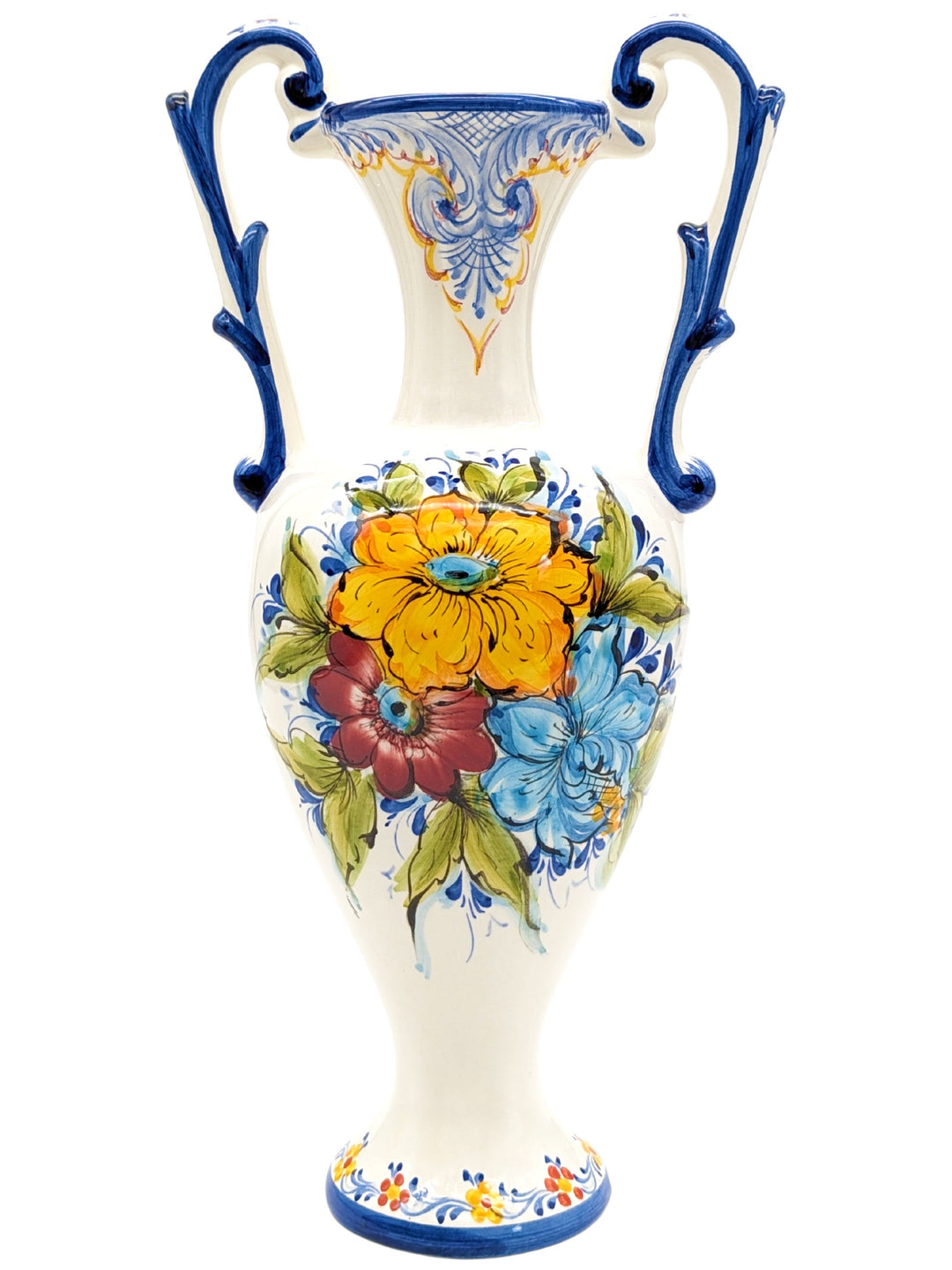 Hand Painted Portuguese Pottery Ceramic Flower Vase with Handles