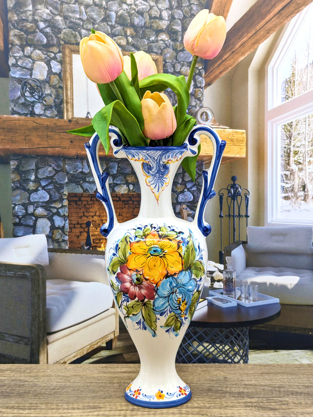 Hand Painted Portuguese Pottery Ceramic Flower Vase with Handles