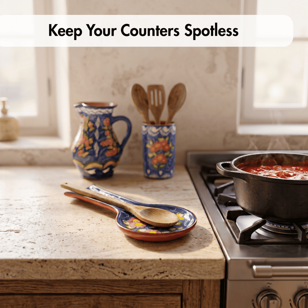 A kitchen countertop scene with a colorful ceramic pitcher, utensil holder, spoon rest, and wooden spoons near a stove, with the text 'Keep Your Counters Spotless' at the top.
