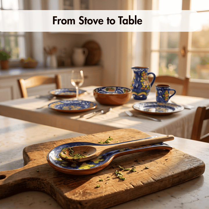 A rustic ceramic tableware set in a warm kitchen setting, featuring blue and yellow patterned plates, bowls, a pitcher, and a mug on a dining table. In the foreground, a wooden cutting board holds matching blue and yellow serving spoons with cooked greens on them.