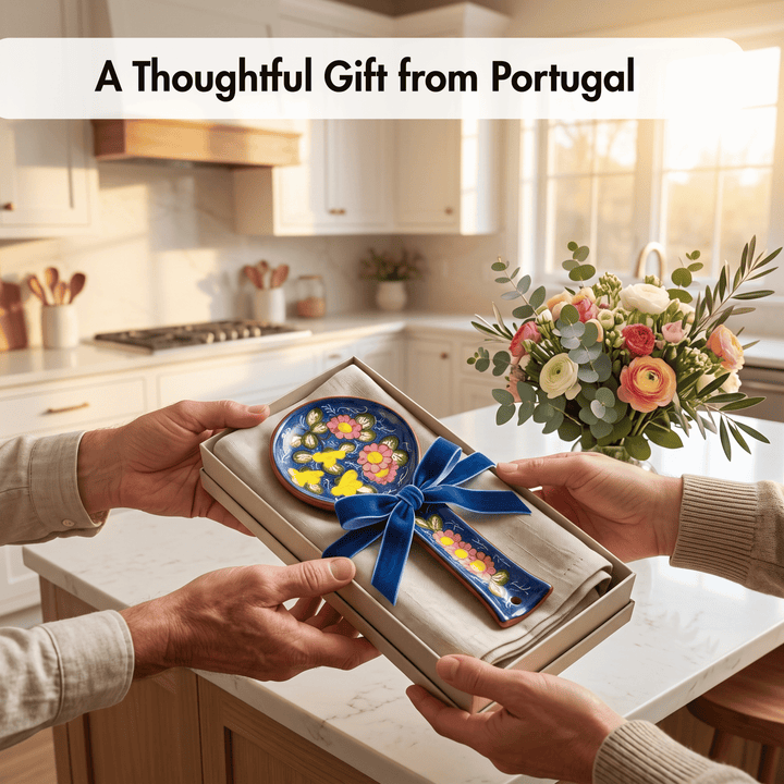 A gift box held by multiple hands in a bright kitchen setting, containing a colorful floral ceramic spoon and a matching spoon rest tied with a blue ribbon. A bouquet of flowers sits on the counter, and the text &