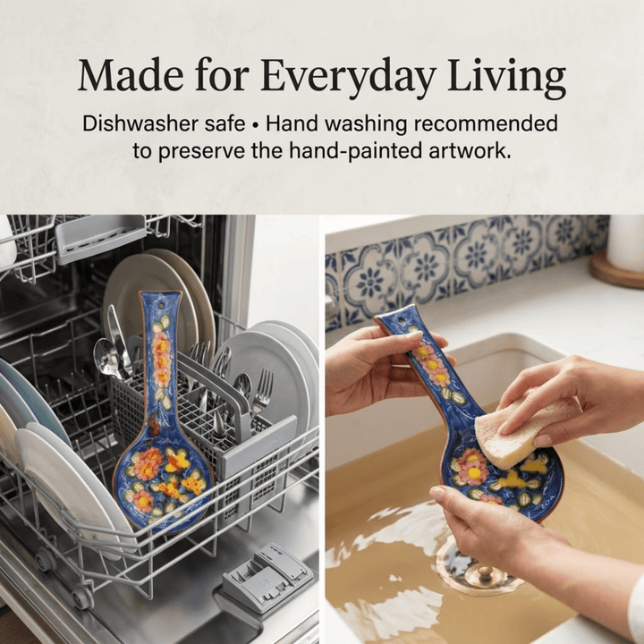 A decorative ceramic serving spoon with a blue floral pattern is shown both inside a dishwasher rack and being washed by hands in a sink. Text at the top reads, &
