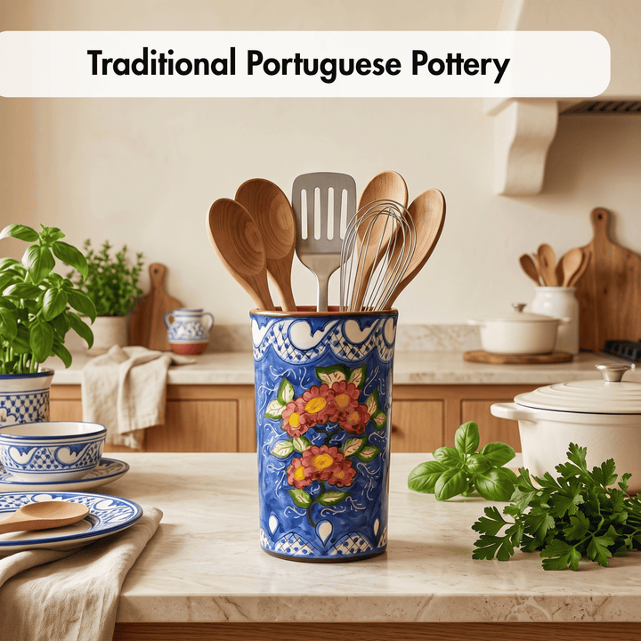 Hand Painted Portuguese Pottery Floral Kitchen Utensil Holder