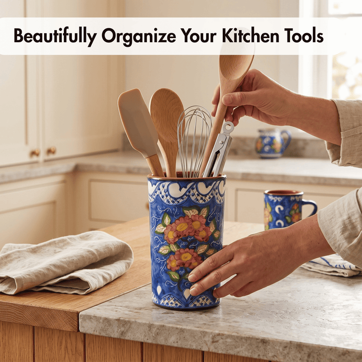 Hand Painted Portuguese Pottery Floral Kitchen Utensil Holder