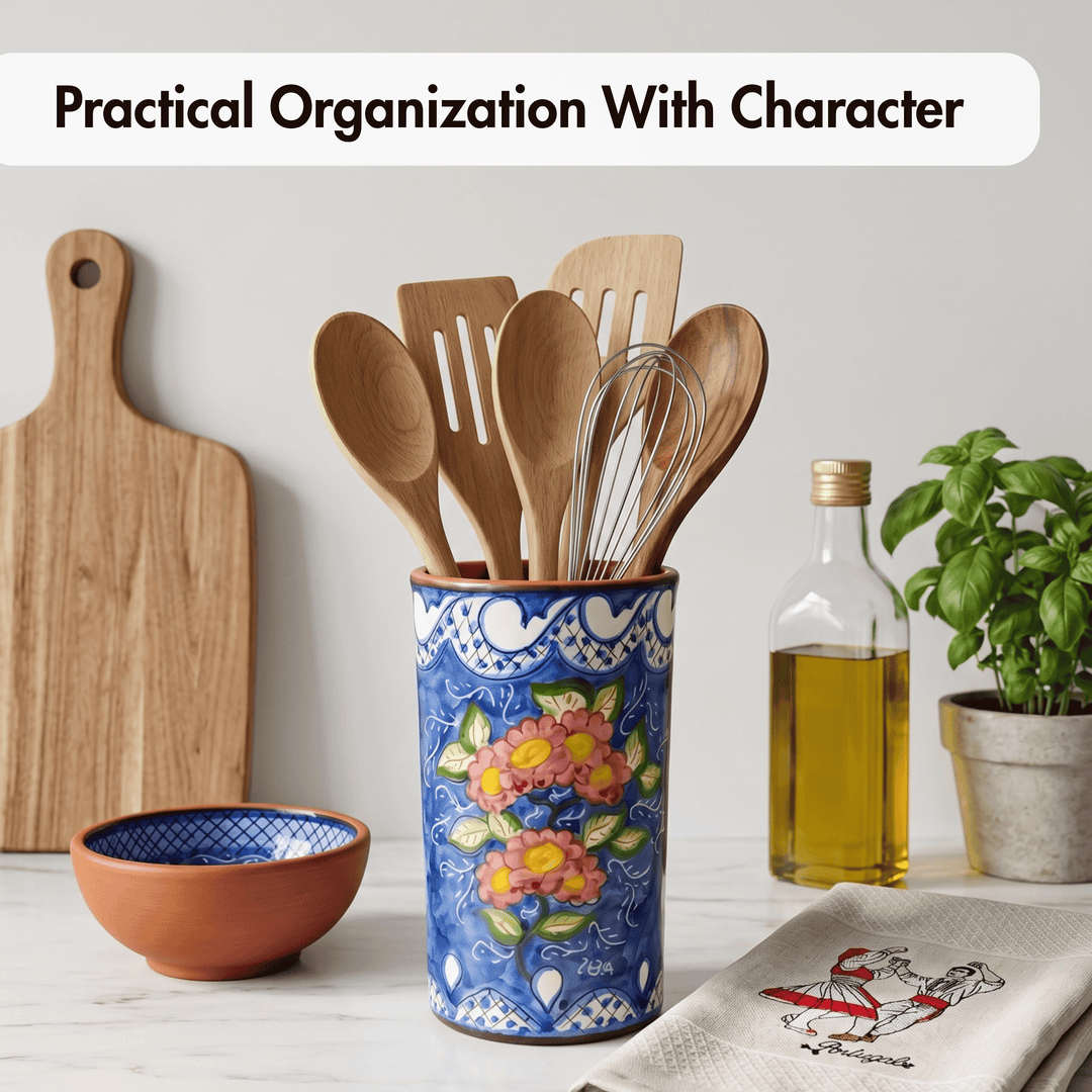Hand Painted Portuguese Pottery Floral Kitchen Utensil Holder