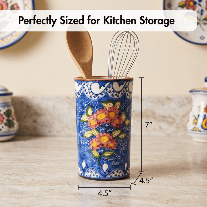 Hand Painted Portuguese Pottery Floral Kitchen Utensil Holder