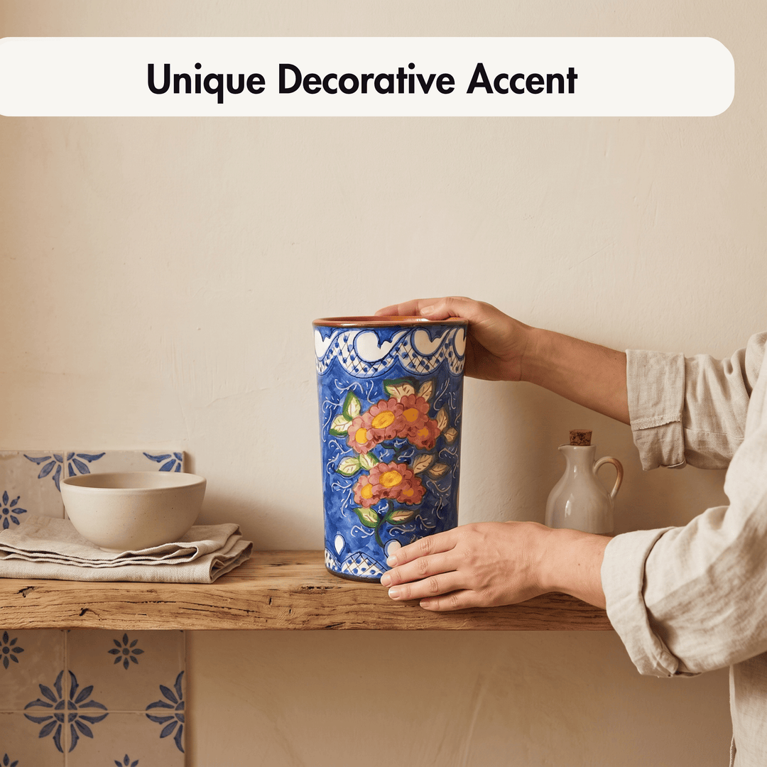 Hand Painted Portuguese Pottery Floral Kitchen Utensil Holder