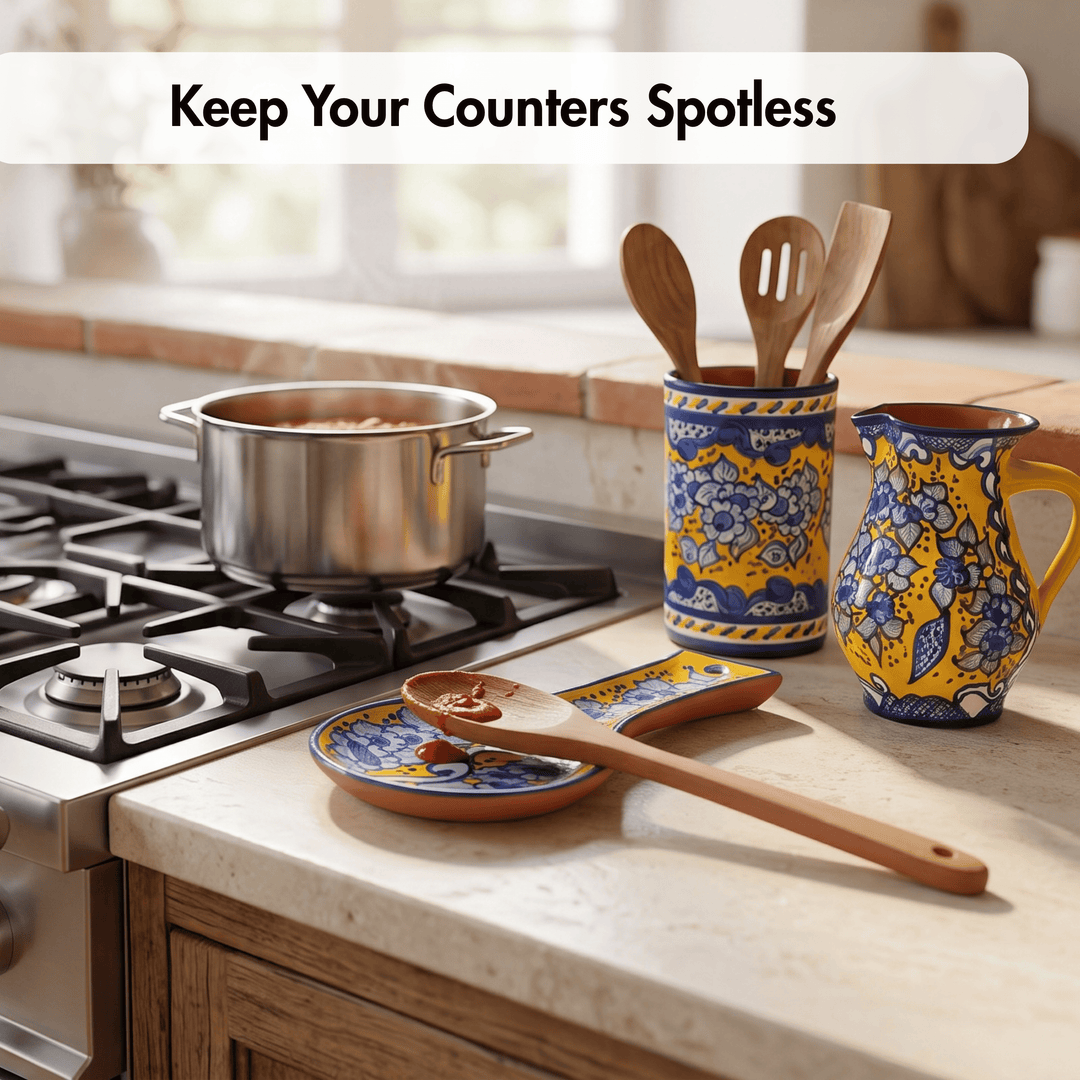 A kitchen countertop scene with a stainless steel pot on a gas stove, a yellow and blue patterned utensil holder with wooden spoons, a matching yellow and blue pitcher, and a small decorative plate with a wooden spoon. A banner at the top reads &