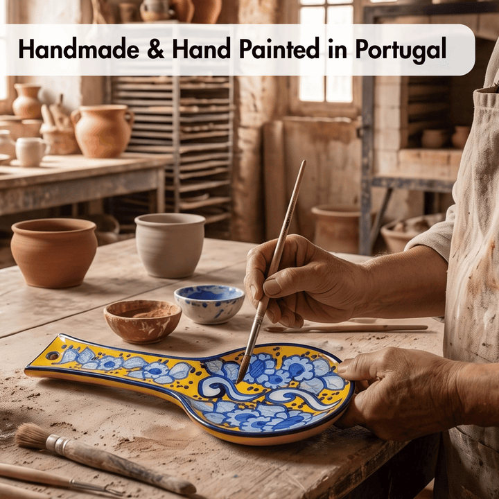 A hand-painted ceramic spoon rest with a blue and yellow floral pattern, held by a person in a pottery workshop. The background shows other clay pots and pottery tools on a wooden table, with a text overlay at the top reading &