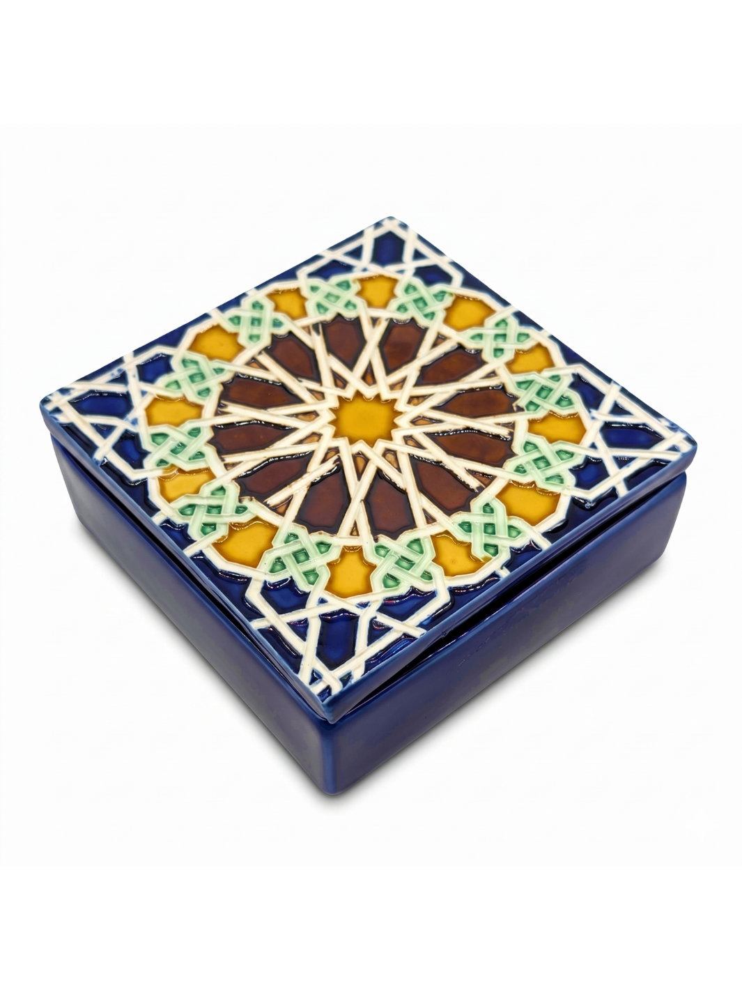 Decorative box with a colorful geometric pattern on a white background