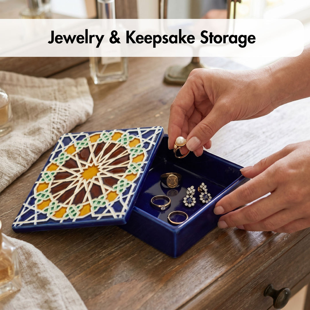 Hand Painted Portuguese Tiles Decorative Ceramic Box with Lid