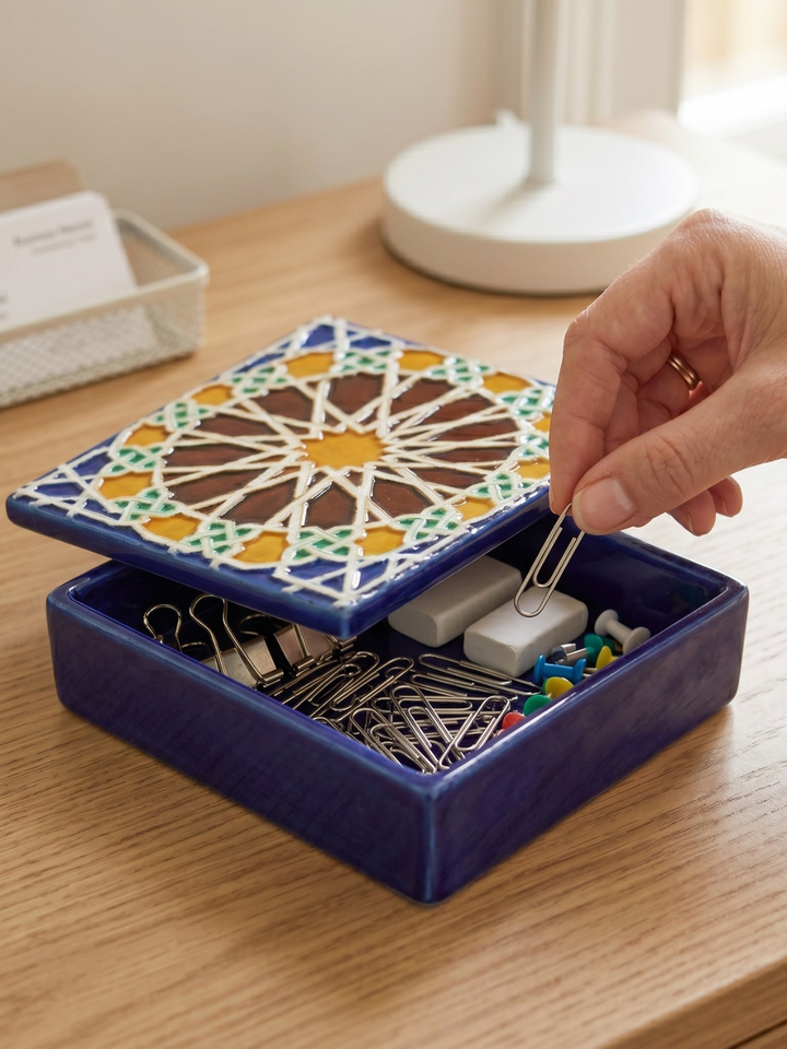 Decorative box with geometric pattern on top, containing paper clips and other small items, on a wooden surface.