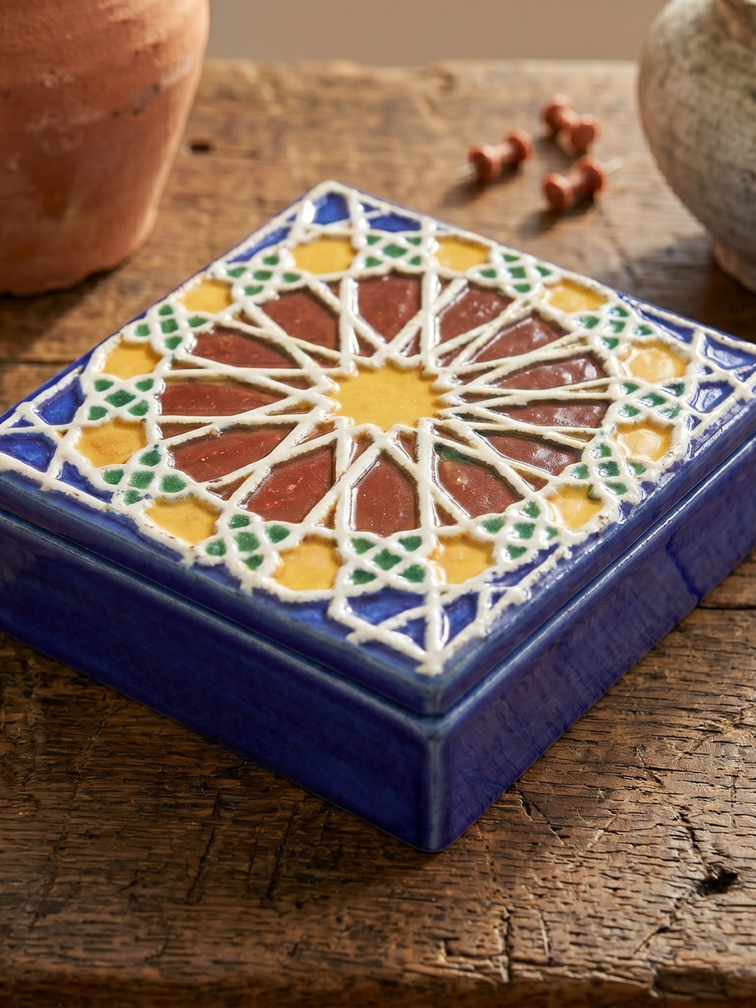 Decorative tile with geometric pattern on a wooden surface
