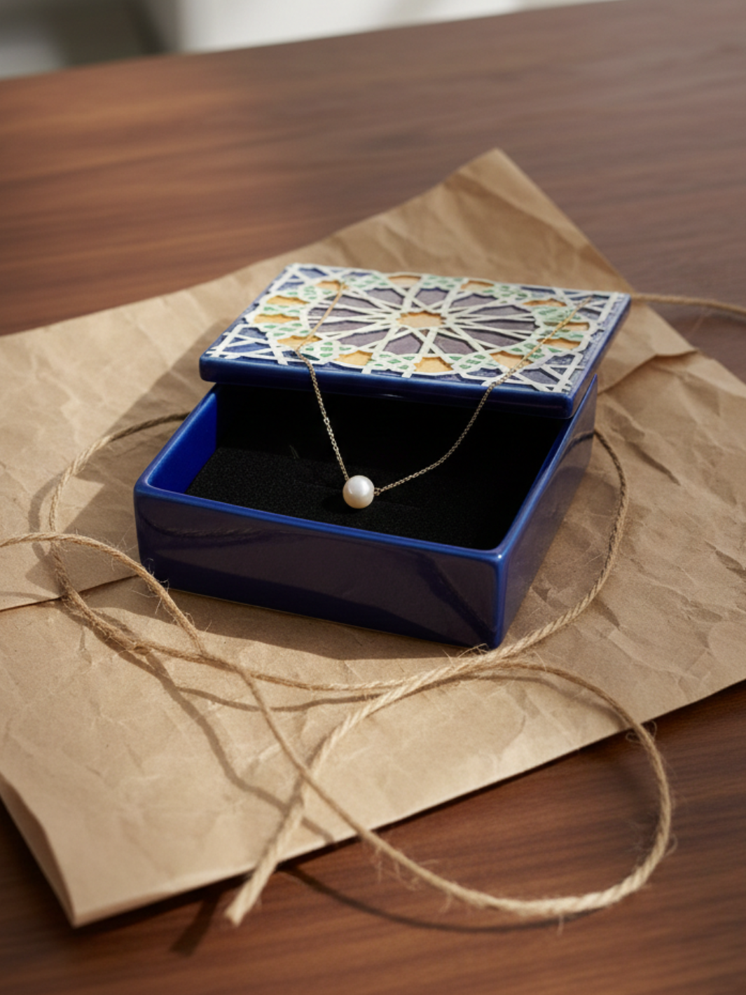 Blue jewelry box with a necklace on brown paper