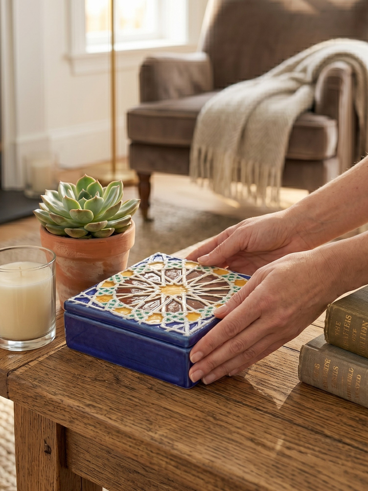 Person placing a decorative box on a wooden table with a potted plant and candle in the background.