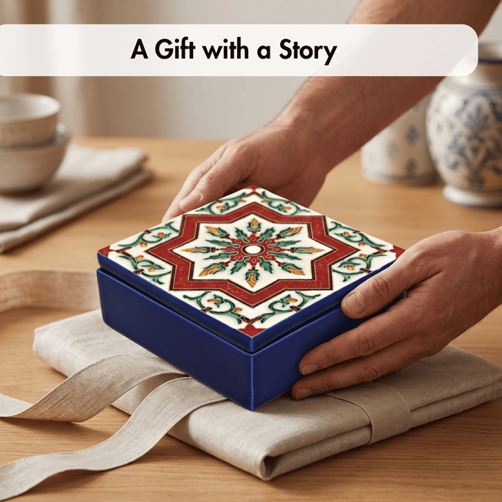 Hand Painted Portuguese Tiles Decorative Ceramic Box with Lid