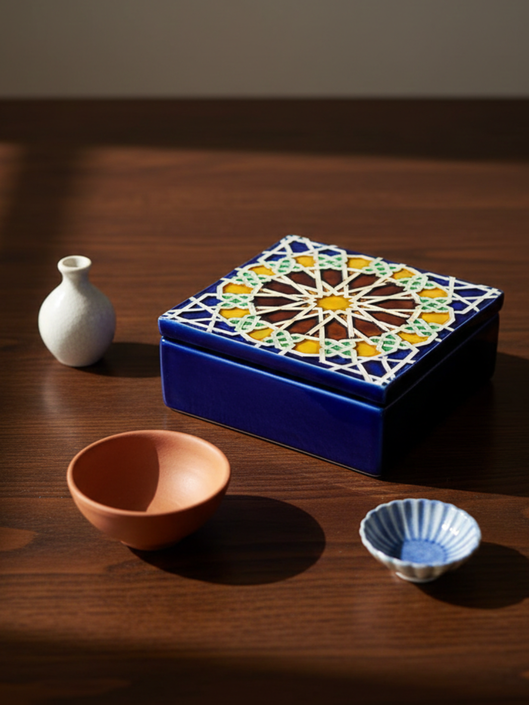 Decorative box with geometric pattern on a wooden surface with small ceramic items.