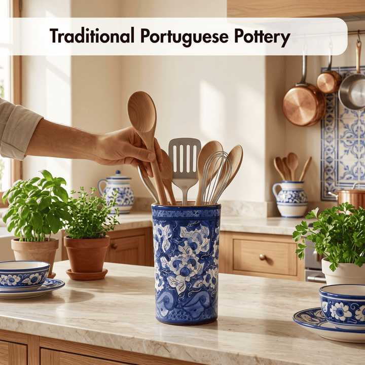 Hand Painted Portuguese Pottery Blue and White Kitchen Utensil Holder