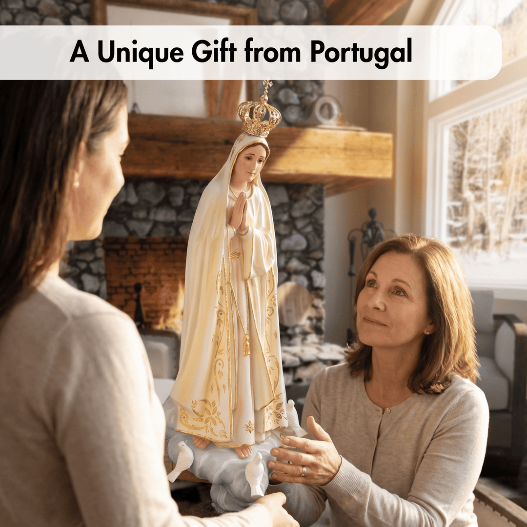 A woman in a home setting holds a white and gold Our Lady of Fatima statue, with another woman looking on. A text banner at the top reads &