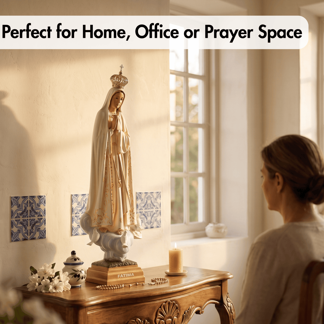 A religious statue of the Virgin Mary with a gold crown and white robe displayed on a wooden console table in a warmly lit room. A woman sits at the table, looking at the statue.