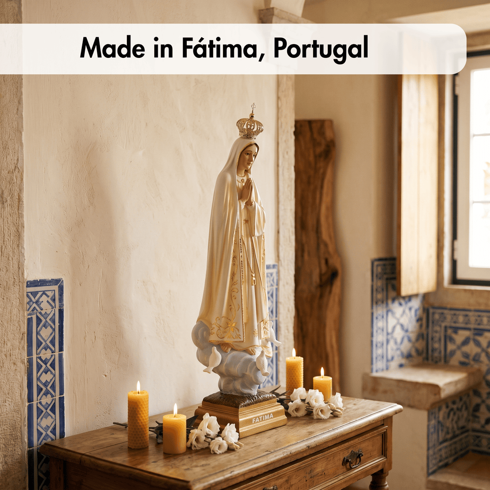 A cream-colored religious statue of the Virgin Mary with gold detailing stands on a wooden table in a rustic room. The scene includes lit yellow candles, white flowers, blue-and-white tiled walls, and a text banner at the top reading 'Made in Fátima, Portugal'.