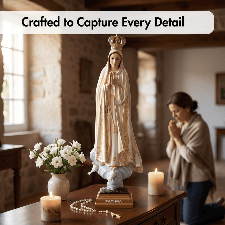 A religious statue of the Virgin Mary with a crown and &