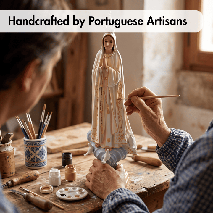 A close-up of a person painting a handcrafted religious figurine with gold details, set in a rustic workshop. A text banner at the top reads &