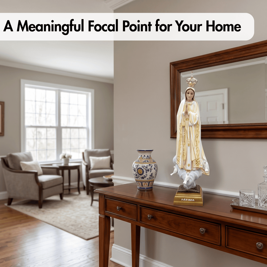 A religious statue of the Virgin Mary on a console table in a beautifully styled living room. The scene includes a blue and white ceramic vase, a large wood-framed mirror, and a white text banner at the top that reads &