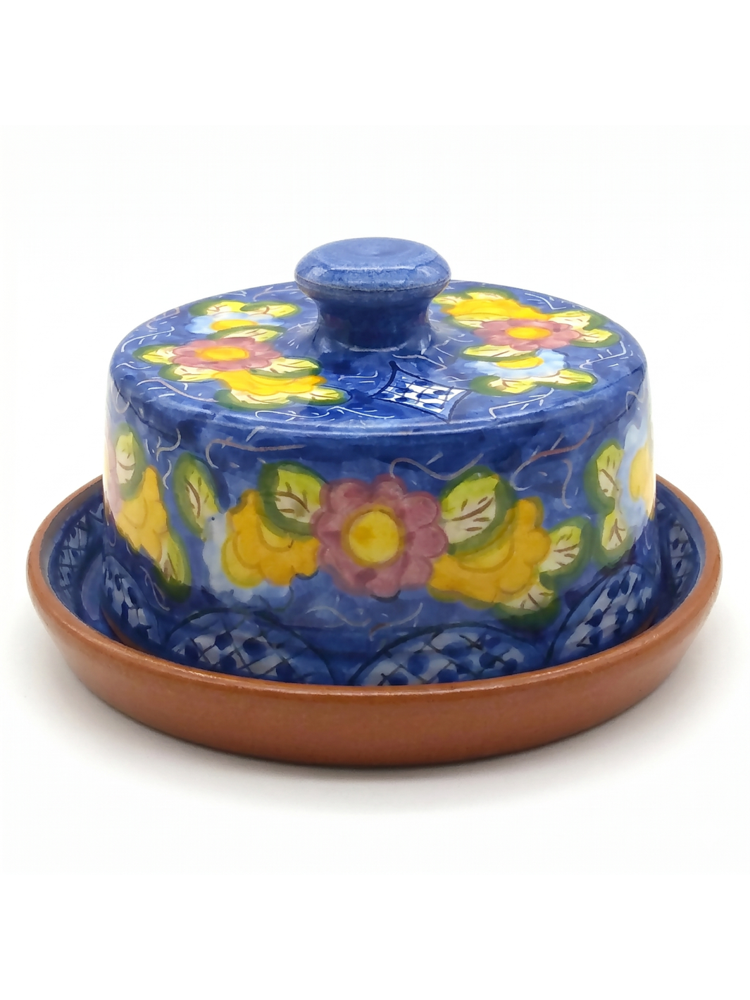 Handmade Hand Painted Portuguese Pottery Floral Butter Dish with Lid