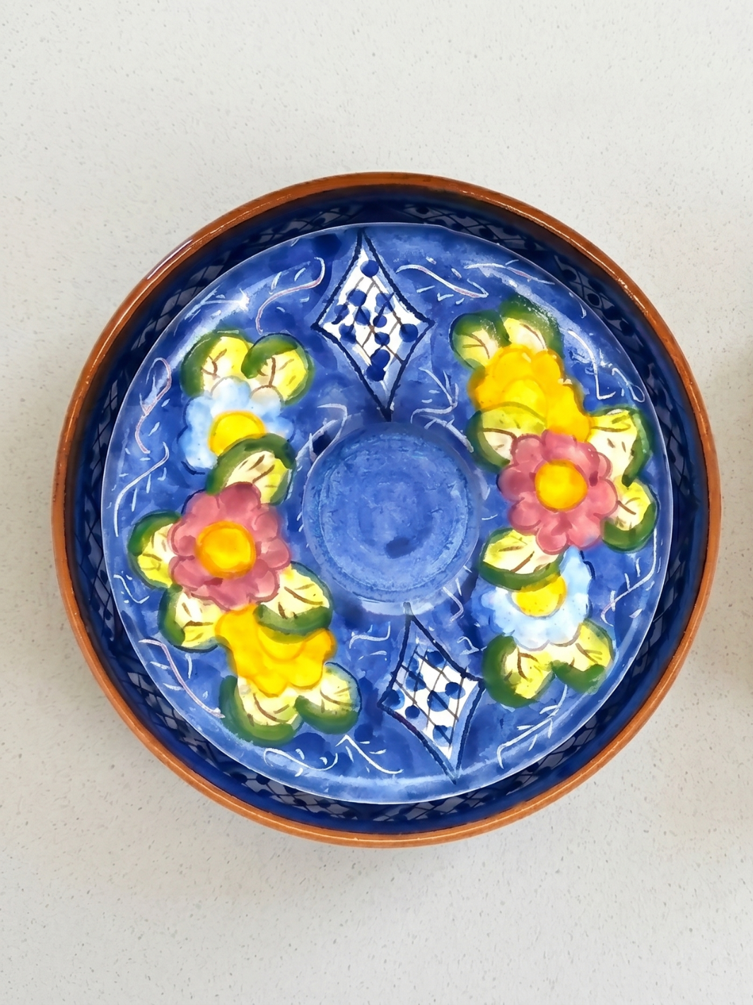 Handmade Hand Painted Portuguese Pottery Floral Butter Dish with Lid