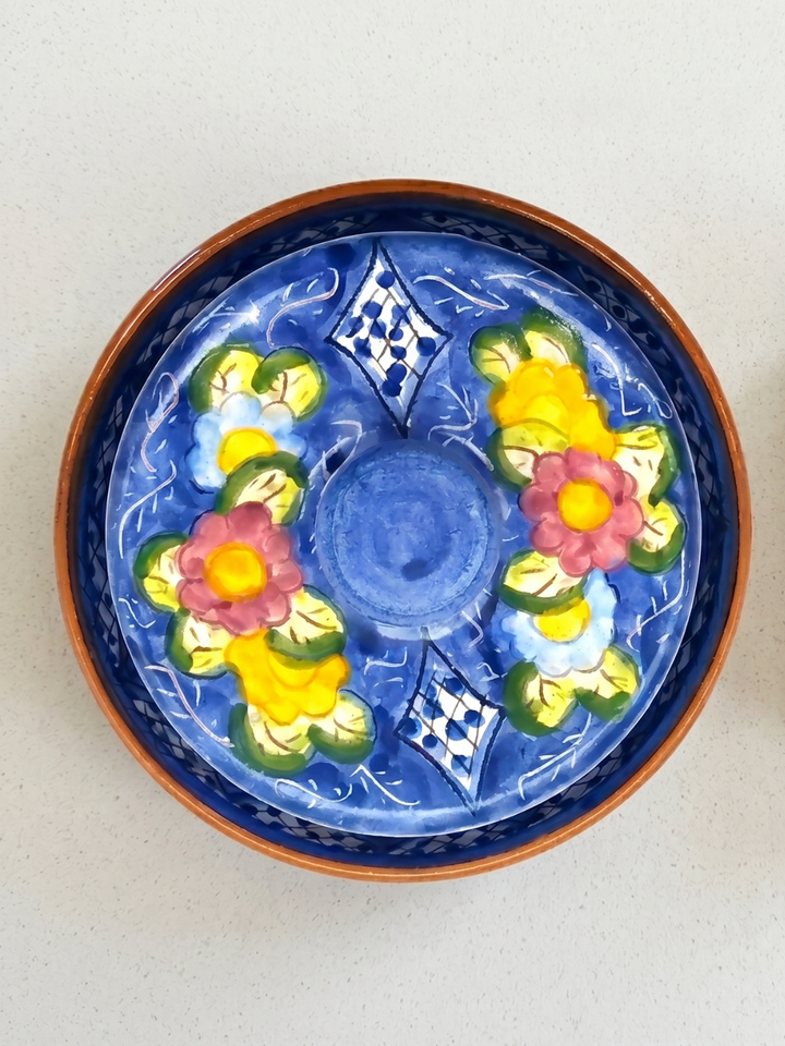 Handmade Hand Painted Portuguese Pottery Floral Butter Dish with Lid