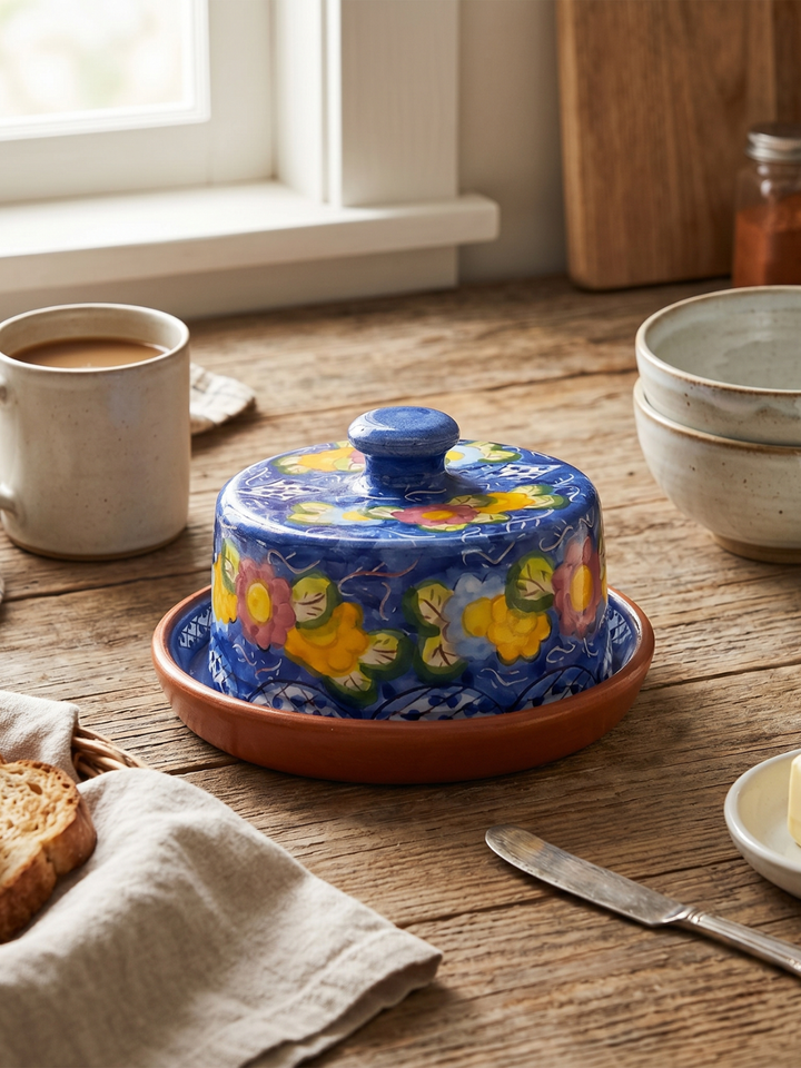 Handmade Hand Painted Portuguese Pottery Floral Butter Dish with Lid
