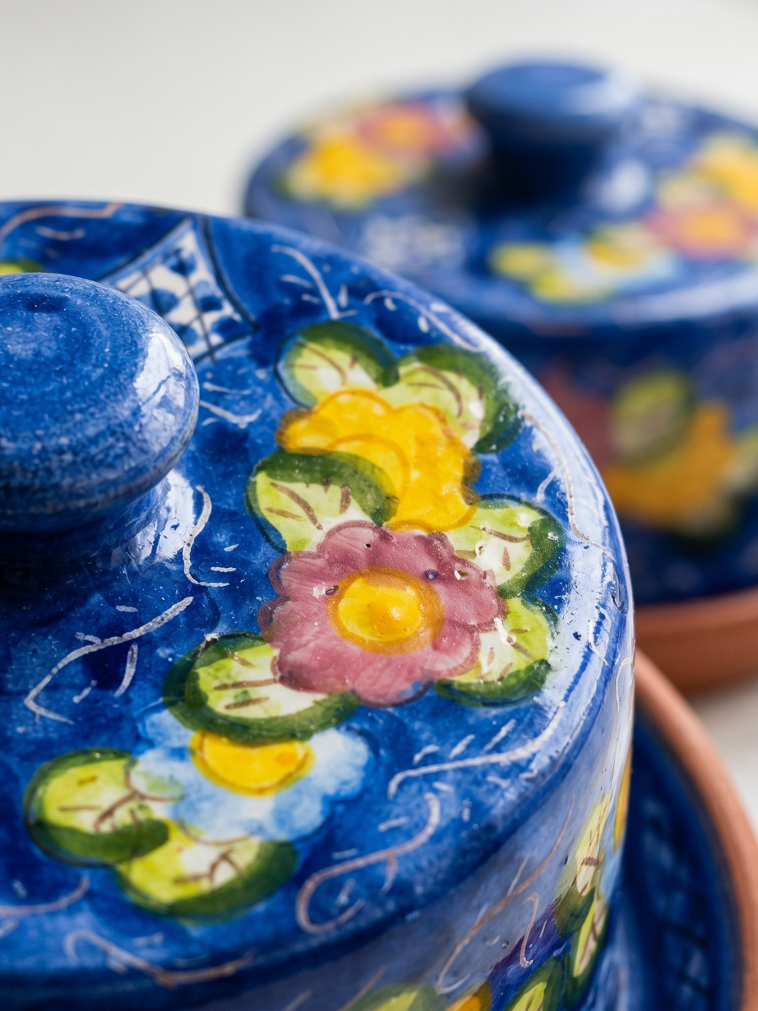 Handmade Hand Painted Portuguese Pottery Floral Butter Dish with Lid