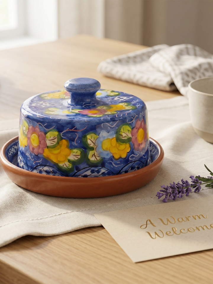 Handmade Hand Painted Portuguese Pottery Floral Butter Dish with Lid