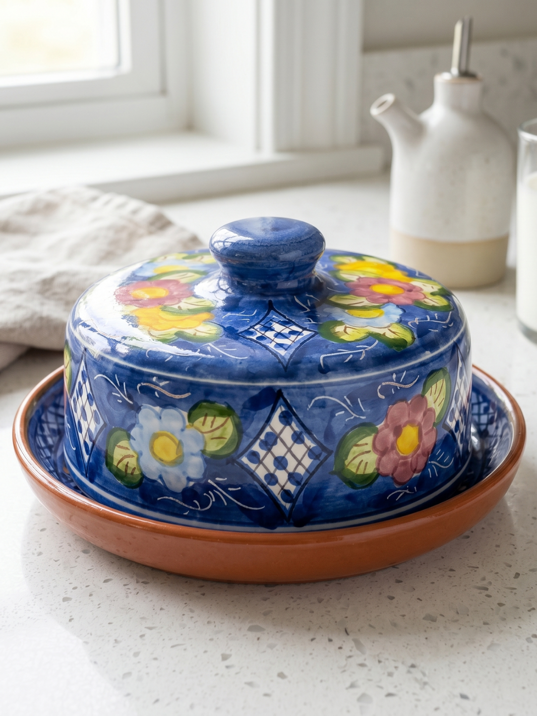 Handmade Hand Painted Portuguese Pottery Floral Butter Dish with Lid