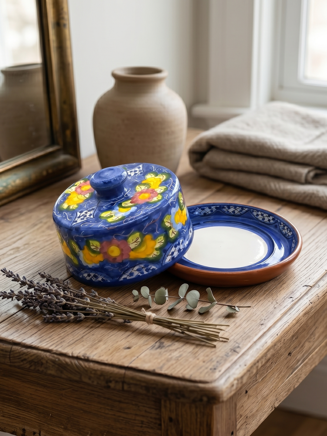 Handmade Hand Painted Portuguese Pottery Floral Butter Dish with Lid