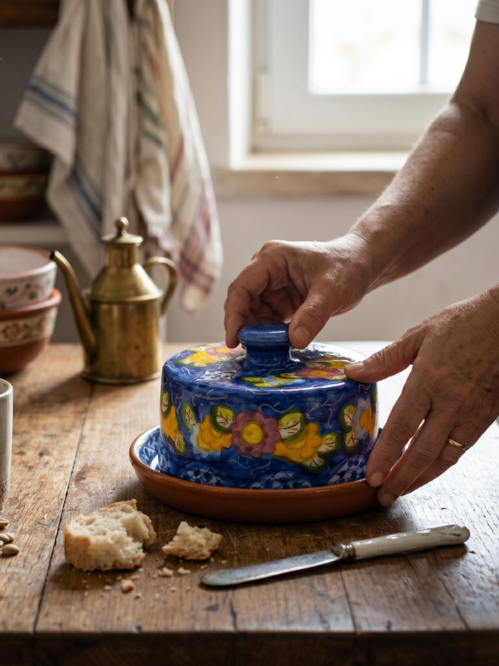 Handmade Hand Painted Portuguese Pottery Floral Butter Dish with Lid