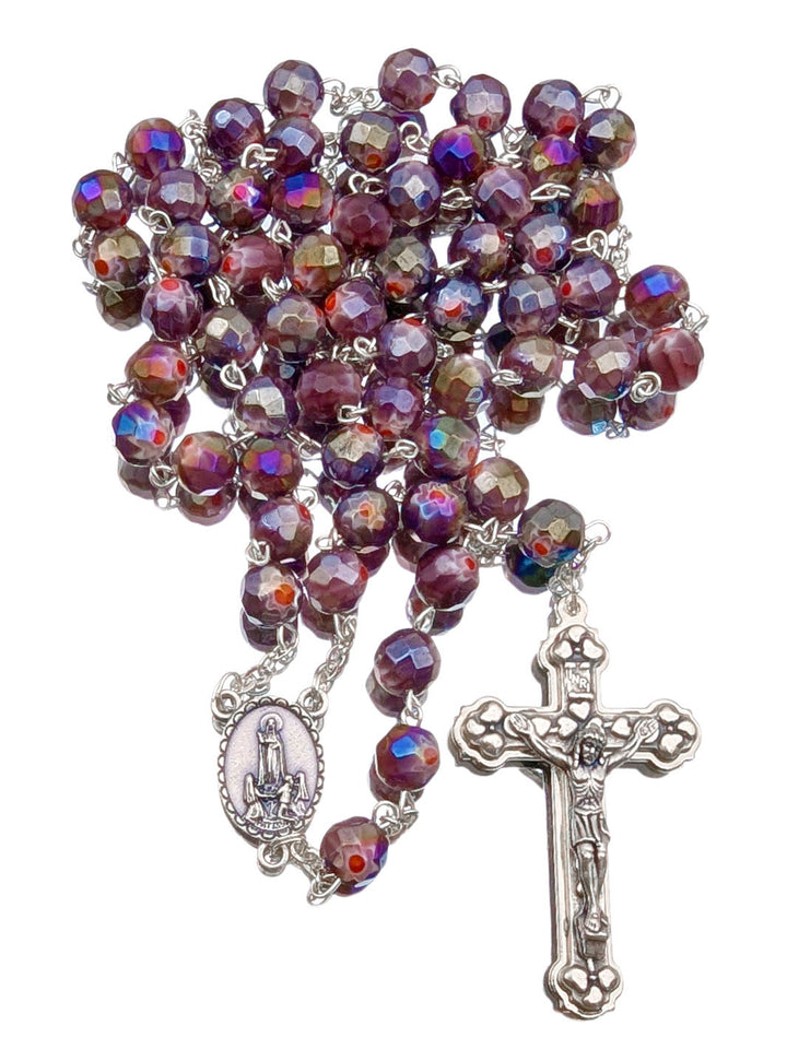 Handmade Our Lady of Fatima Rosary with Purple Murano Crystal Beads