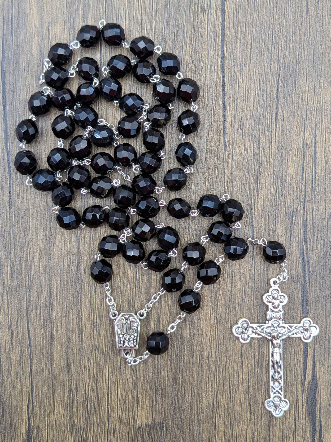 Handmade 10mm Faceted Black Crystal Beads Our Lady of Fatima Rosary