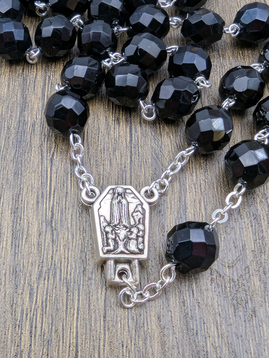 Handmade 10mm Faceted Black Crystal Beads Our Lady of Fatima Rosary