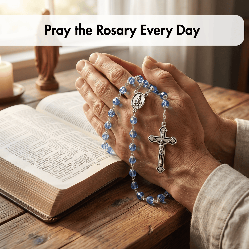Hands holding a rosary over an open book with 'Pray the Rosary Every Day' text.