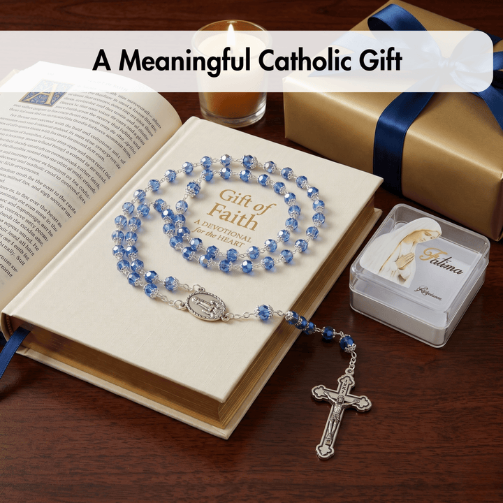 Blue rosary on an open book with a gift and candle in the background, labeled 'A Meaningful Catholic Gift'.