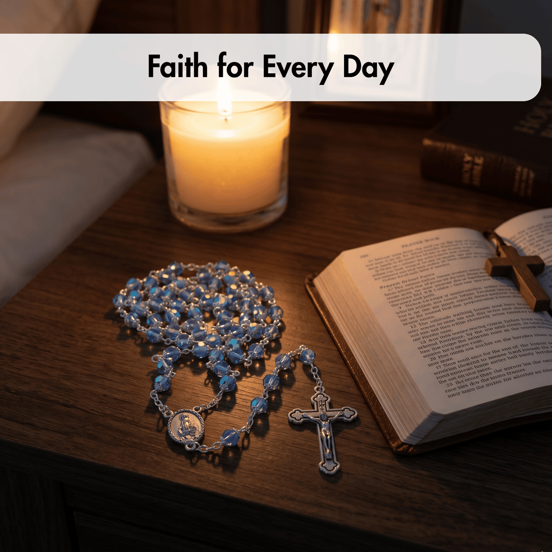Blue rosary with a cross on an open book next to a lit candle, with 'Faith for Every Day' text above.